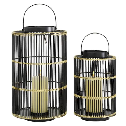 Set of 2" Black Metal Contemporary Lantern, 11", 16"